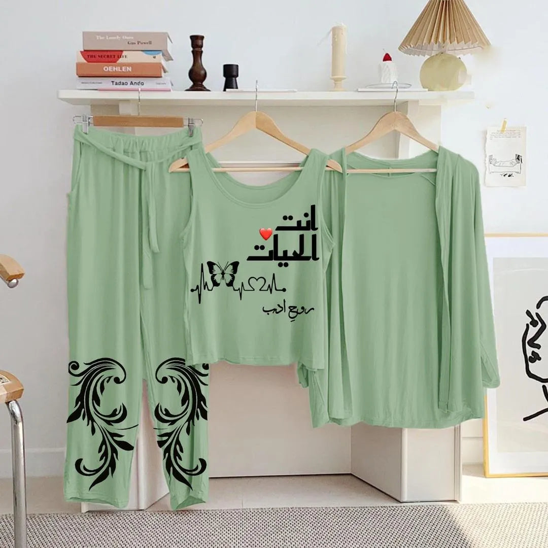 Green Printed 3-Piece Night Suit for Women