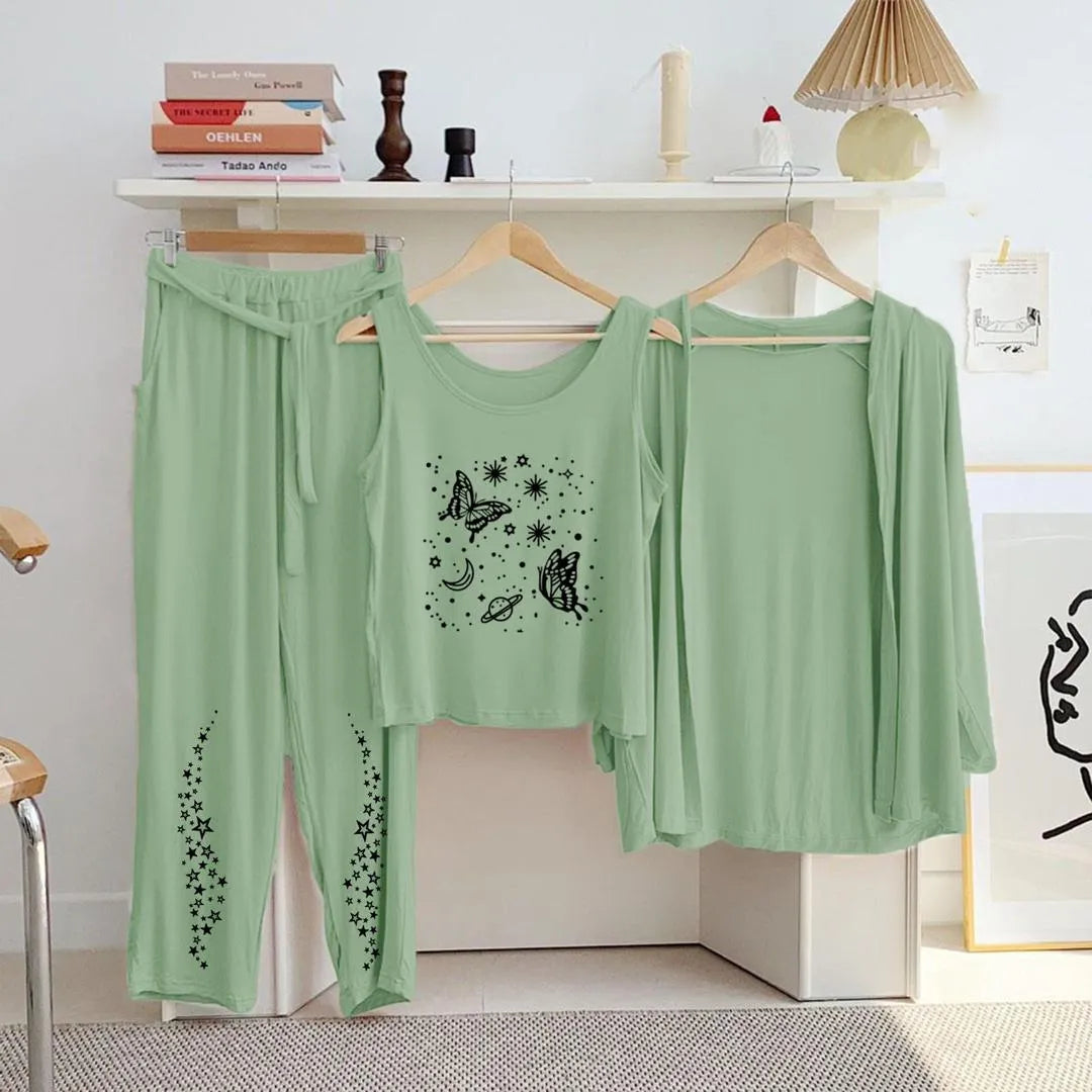 Green Printed 3-Piece Night Suit for Women
