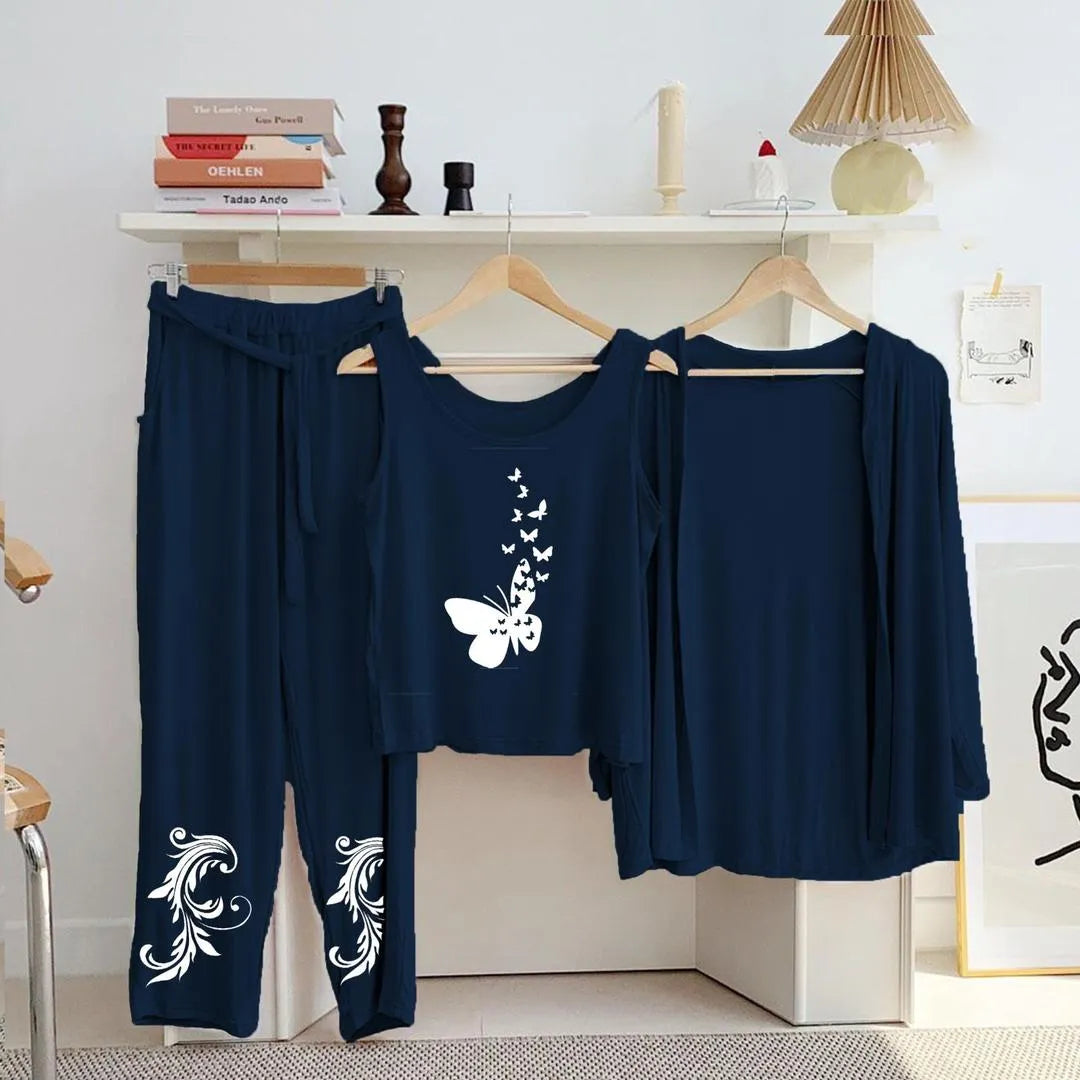 3-Piece Night Suit Blue Butterfly Floral Jersey