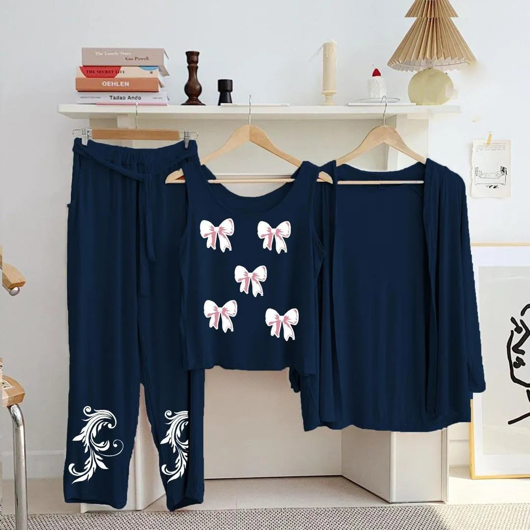 Blue Bow Print 3-Piece Night Suit for Women