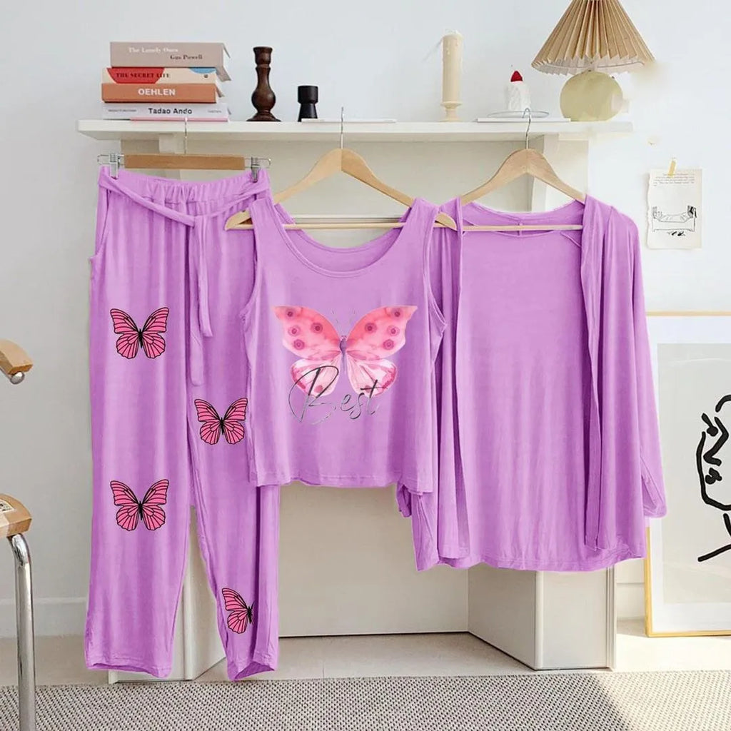 Purple 3Pc Printed Jersey Night Suit for Women