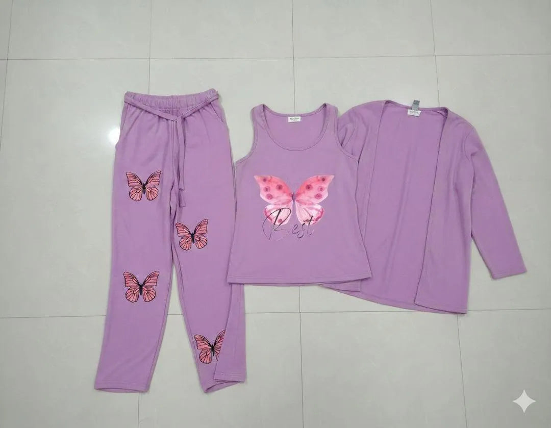 Purple 3Pc Printed Jersey Night Suit for Women