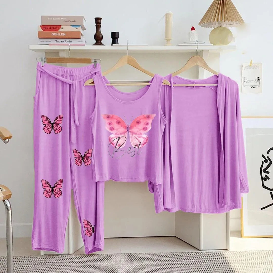 Purple 3Pc Printed Jersey Night Suit for Women