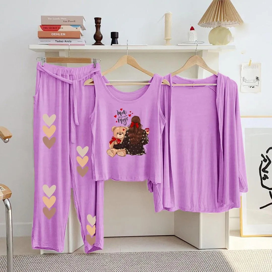 Purple 3-Piece Printed Jersey Night Suit for Women
