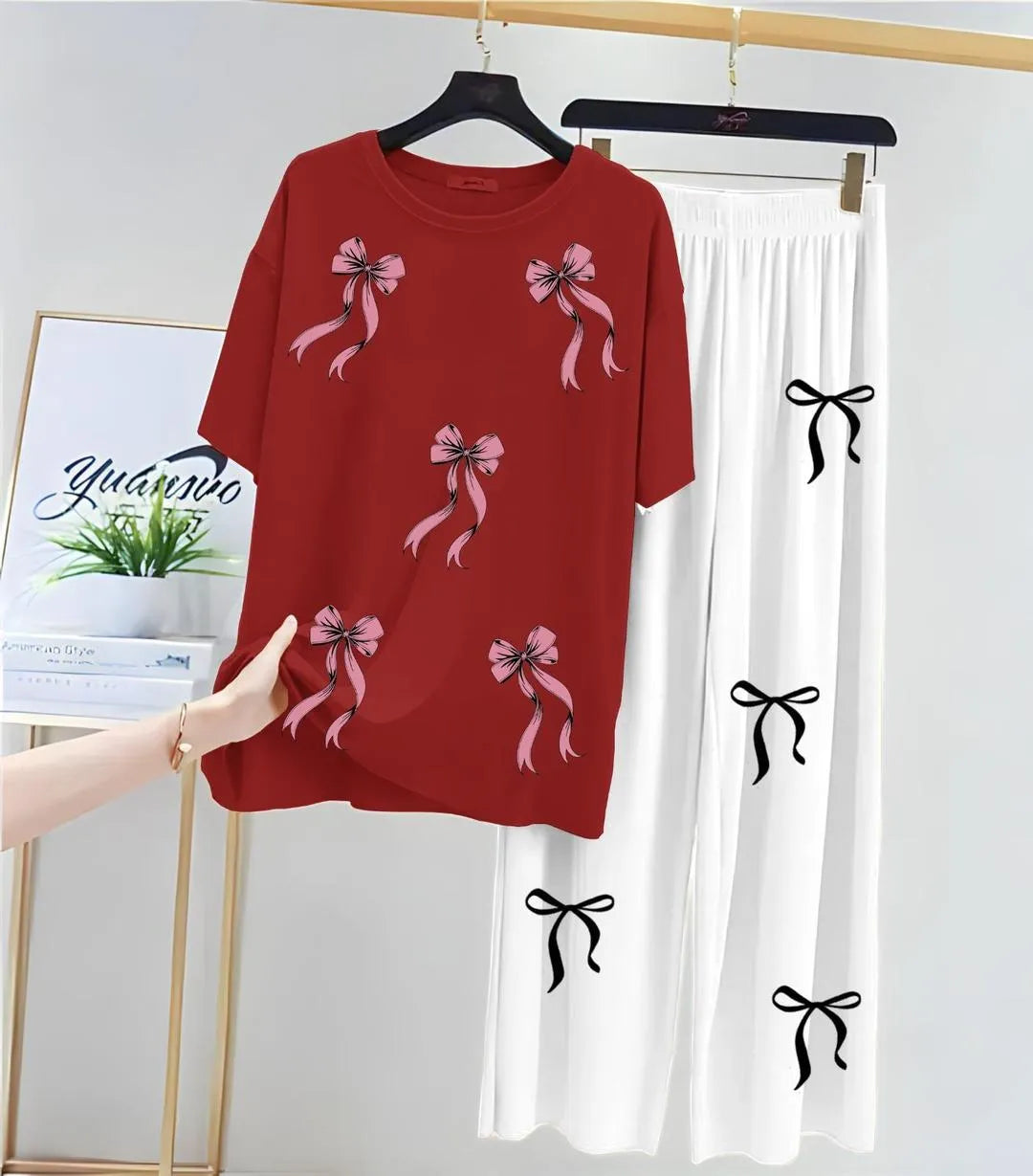 Bow Printed Night Suit for Girls Women Red White