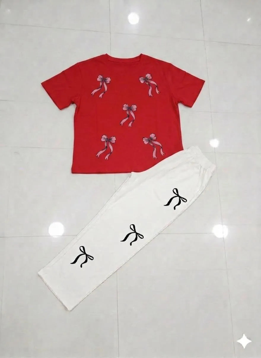 Bow Printed Night Suit for Girls Women Red White