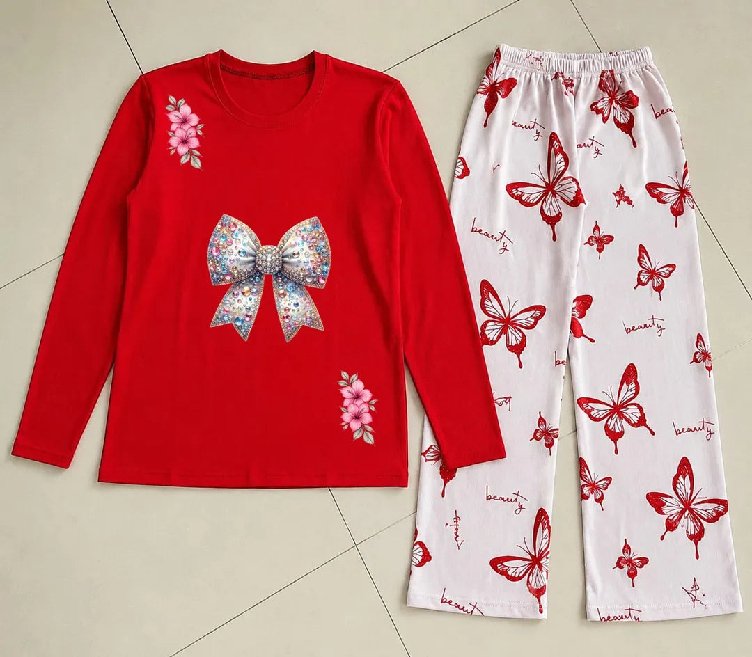 Red Butterfly Print Night Suit for Women 28"