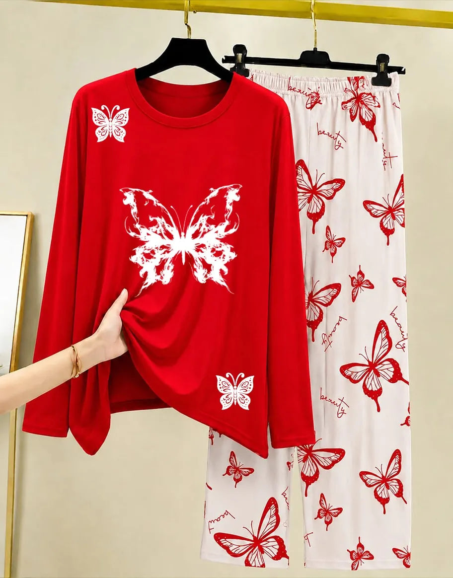Red Butterfly Print Night Suit for Women 28"