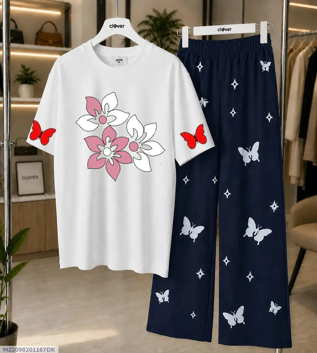 Women Printed Jersey Night Suit White Blue Butterfly Medium to XL