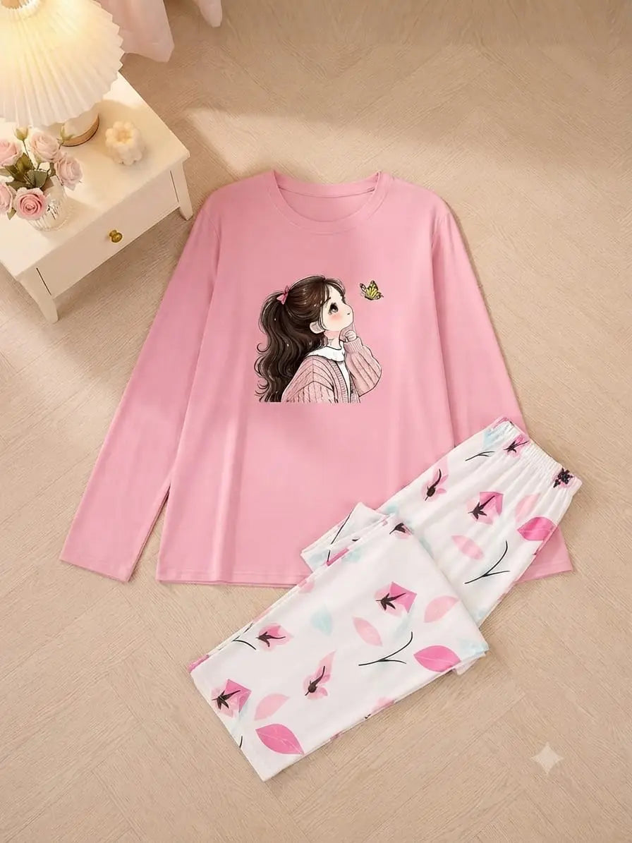 2 Pcs Women's Stitched Jersey Printed Night Suit