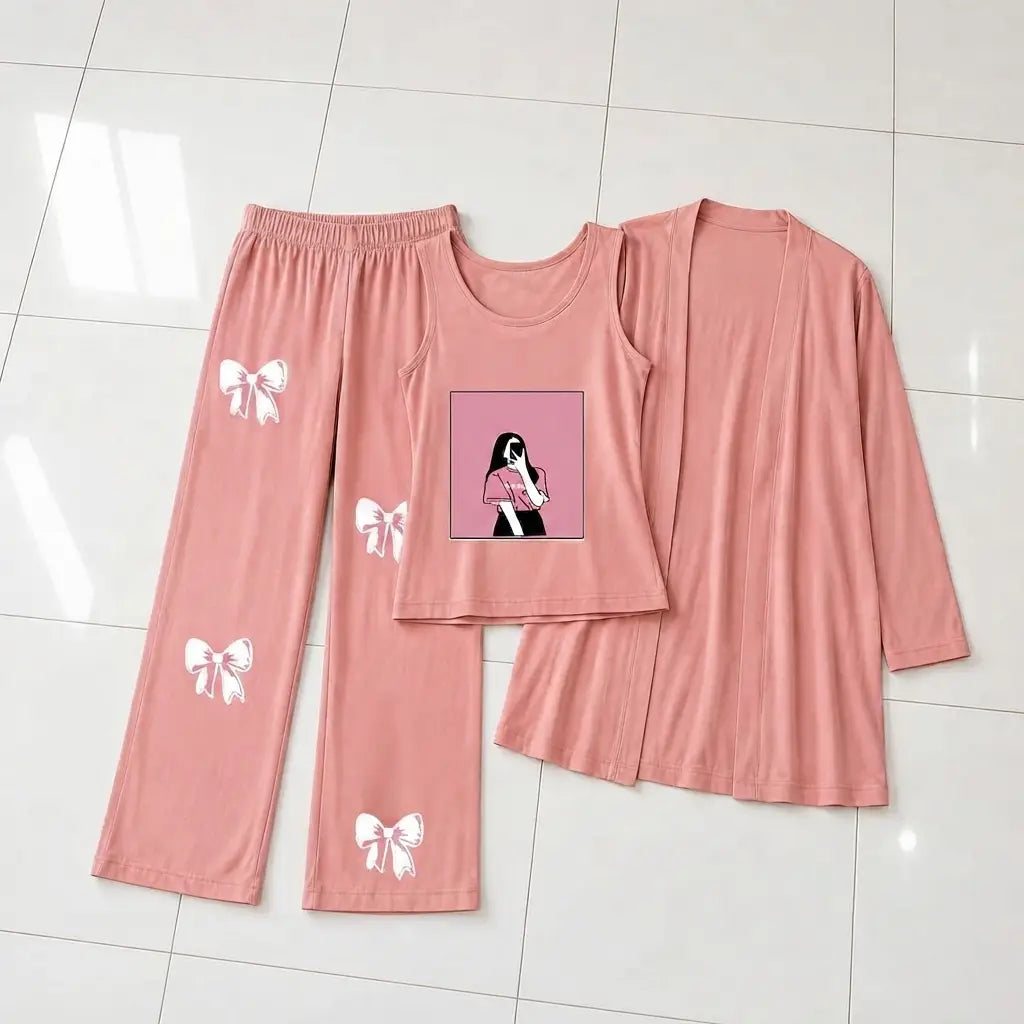 3 Pcs Women's Stitched Jersey Printed Night Suit