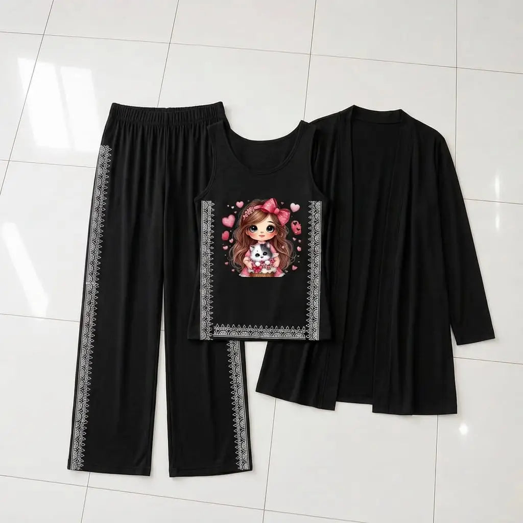 3 Pcs Women's Stitched Jersey Printed Night Suit