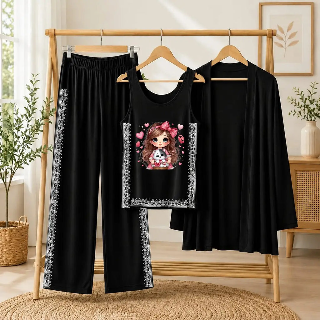 3 Pcs Women's Stitched Jersey Printed Night Suit