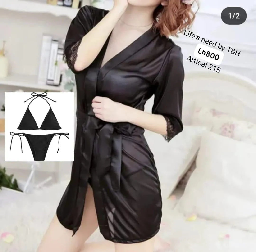 Black Silk 3-Piece Nightwear Set for Women