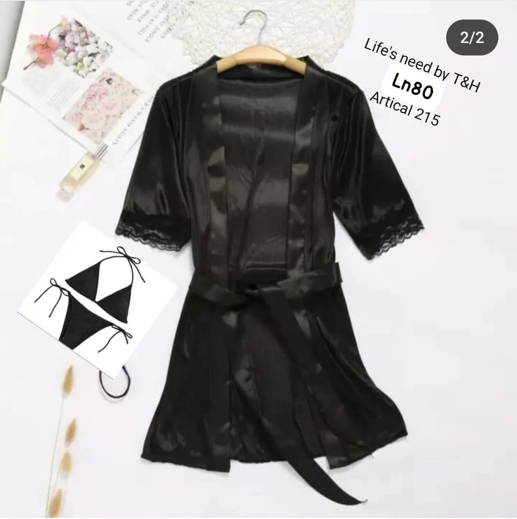 Black Silk 3-Piece Nightwear Set for Women