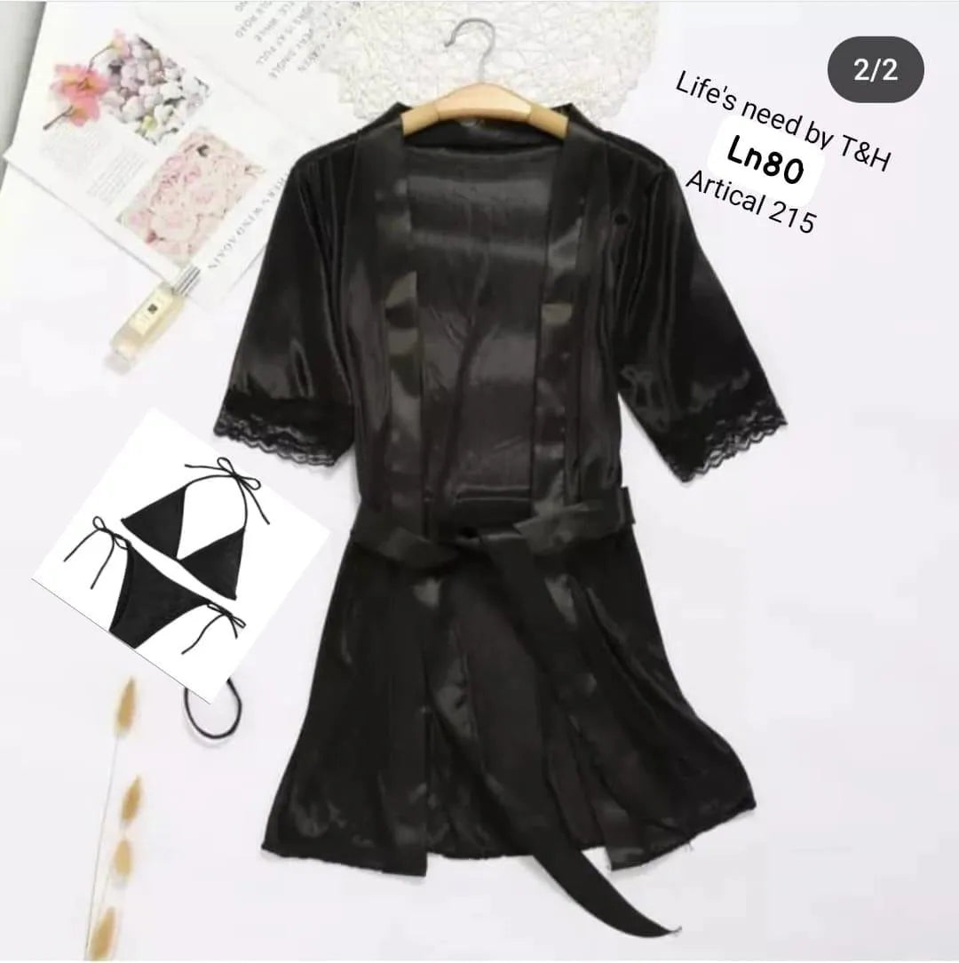 Black Silk 3-Piece Nightwear Set for Women