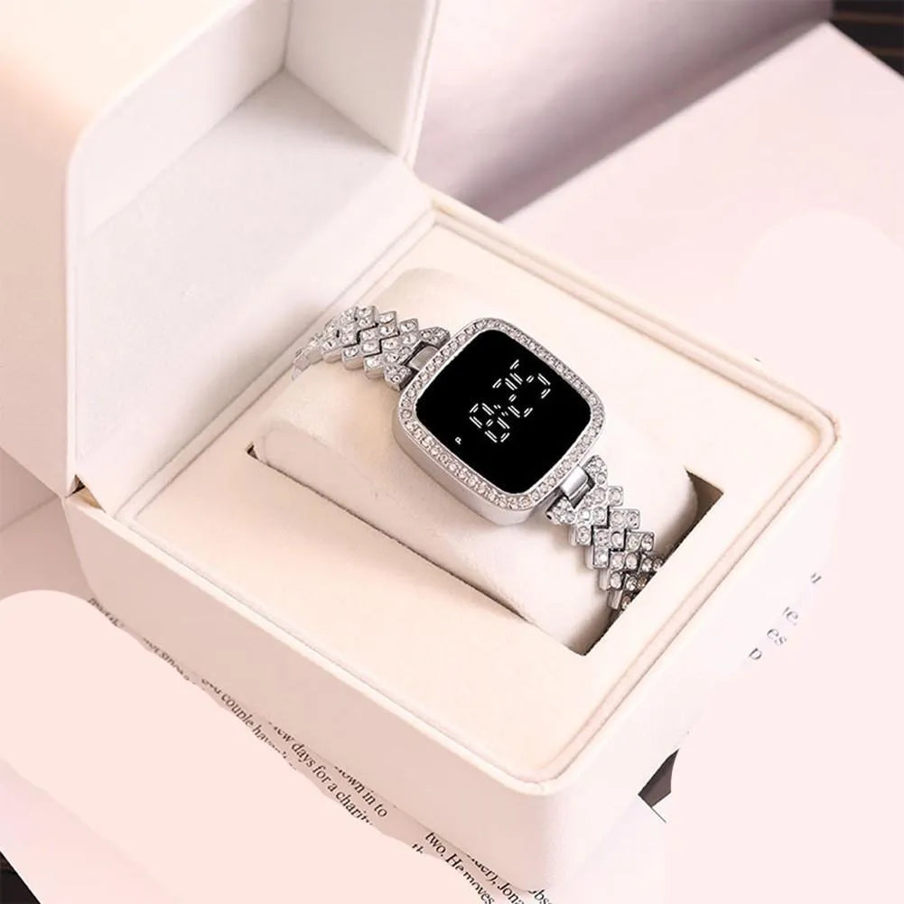Women Crystal Watch Square Dial Touch Screen Rhinestone Band