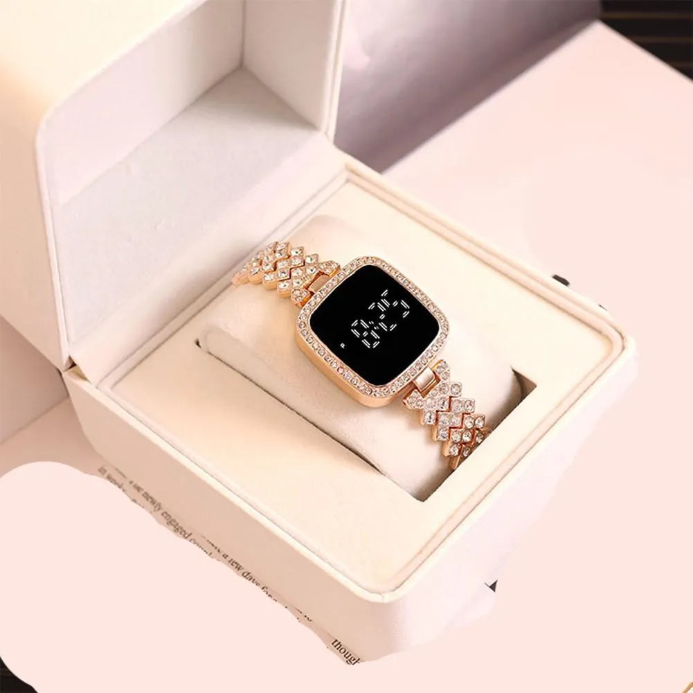 Women Crystal Watch Square Dial Touch Screen Rhinestone Band
