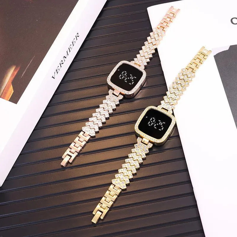 Women Crystal Watch Square Dial Touch Screen Rhinestone Band