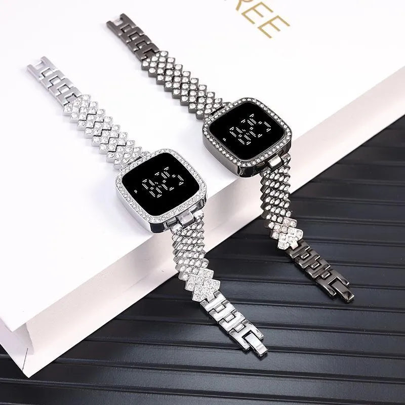 Women Crystal Watch Square Dial Touch Screen Rhinestone Band