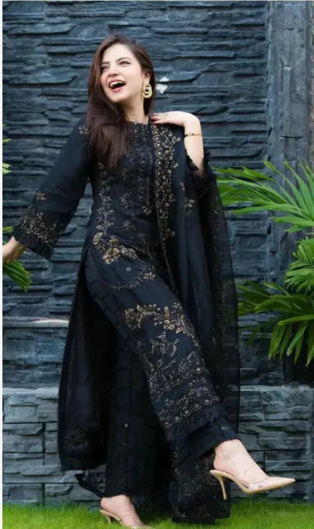 Black Embroidered 3-Piece Women's Lawn Suit with Bamber Dupatta