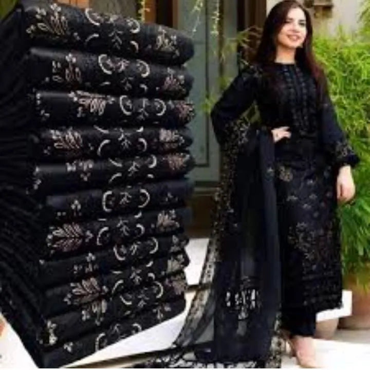 Black Embroidered 3-Piece Women's Lawn Suit with Bamber Dupatta