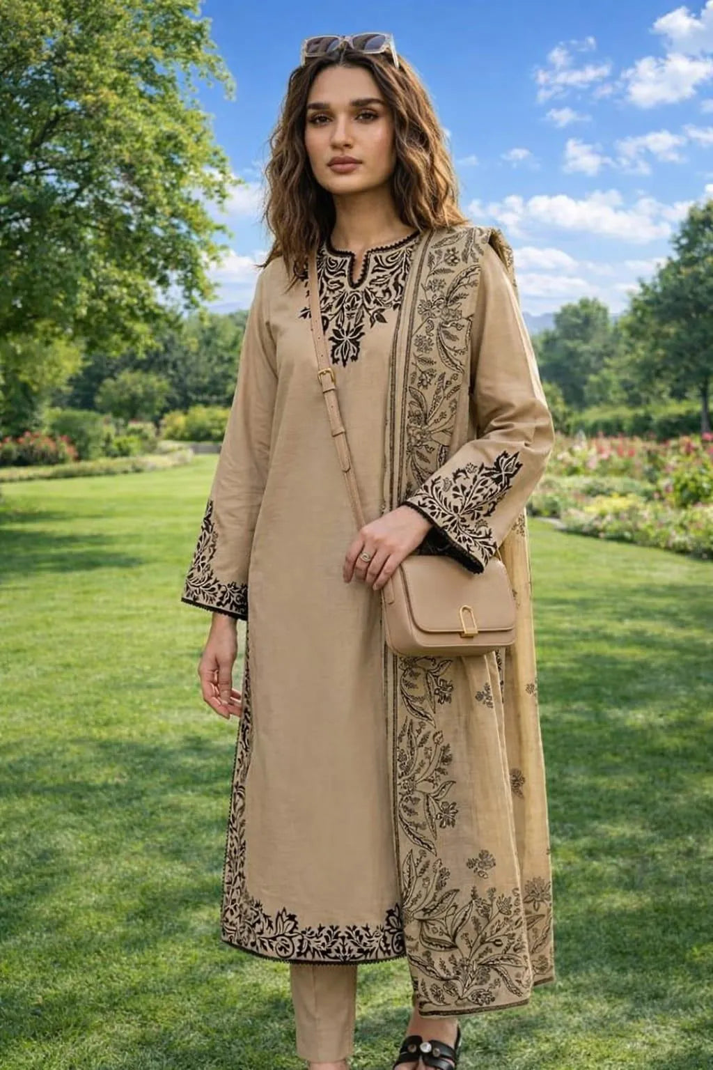 Beige Embroidered 3-Piece Lawn Suit for Women