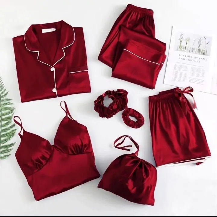 Red Silk Nightwear Set with 7 Pieces