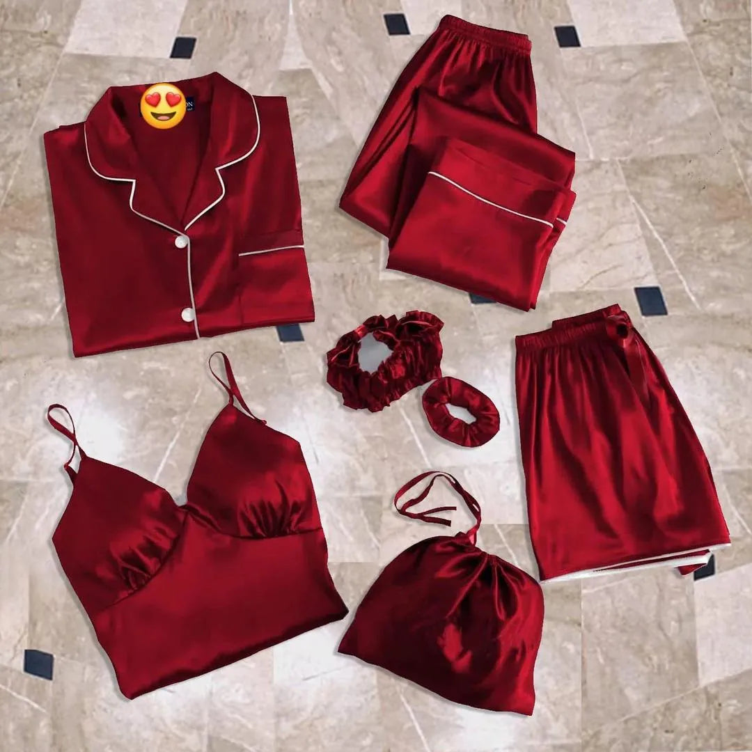 Red Silk Nightwear Set with 7 Pieces
