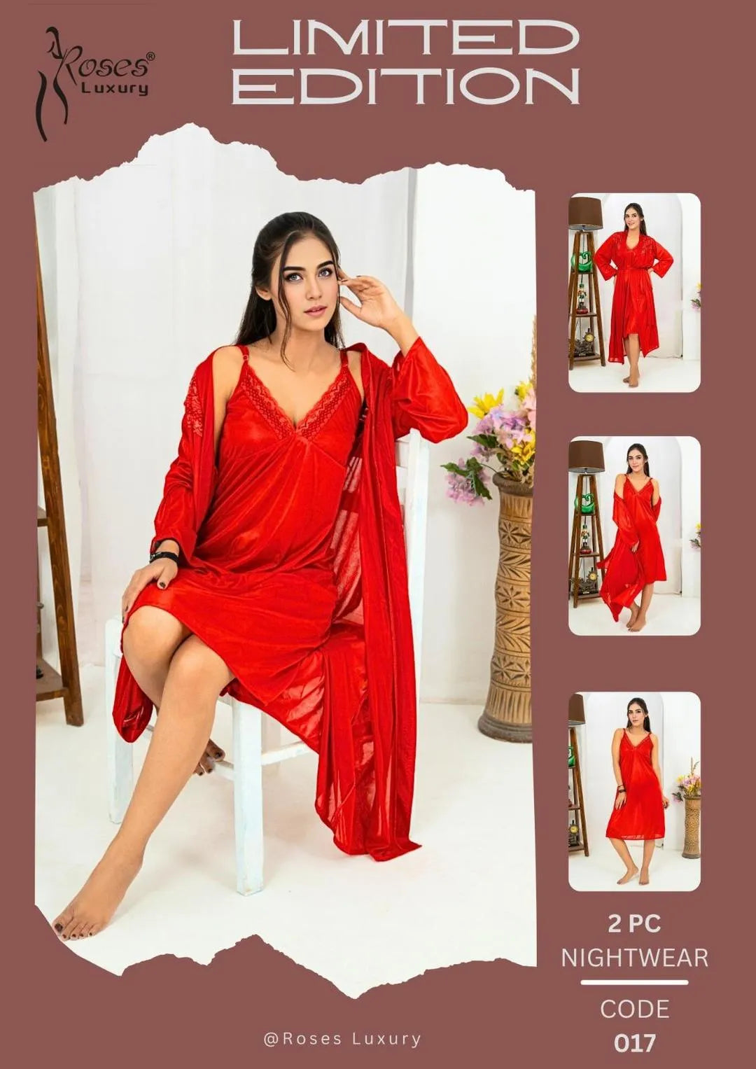 Red Silk 2-Piece Nightwear Set for Women