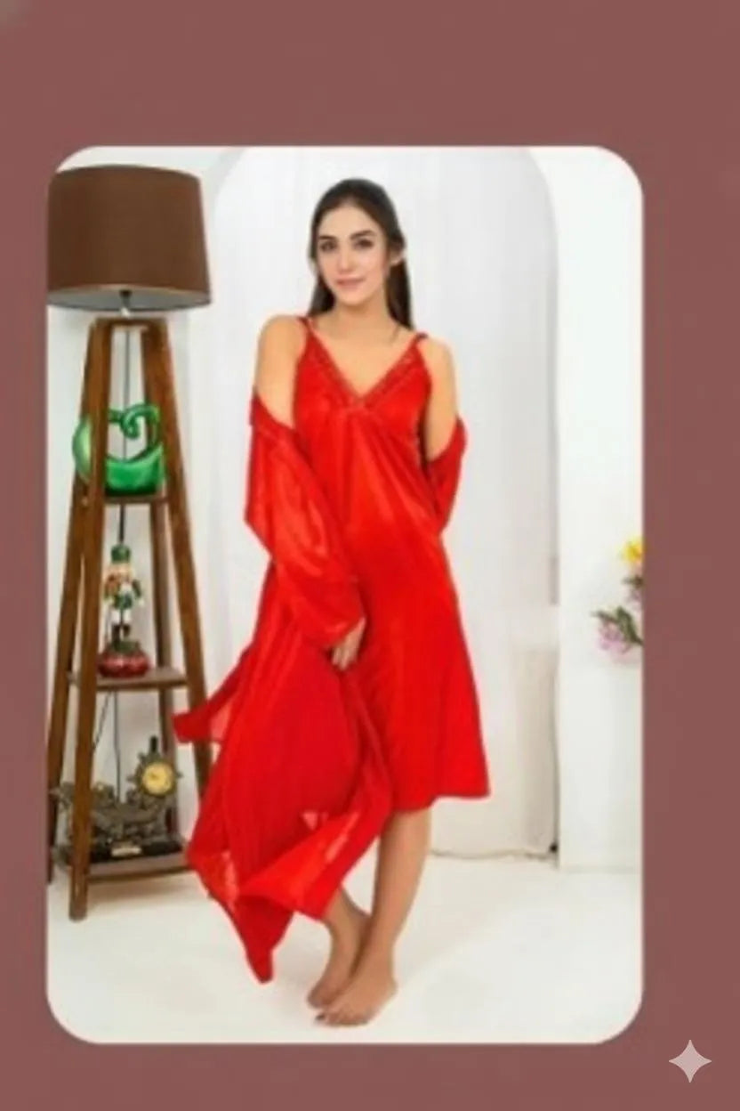 Red Silk 2-Piece Nightwear Set for Women