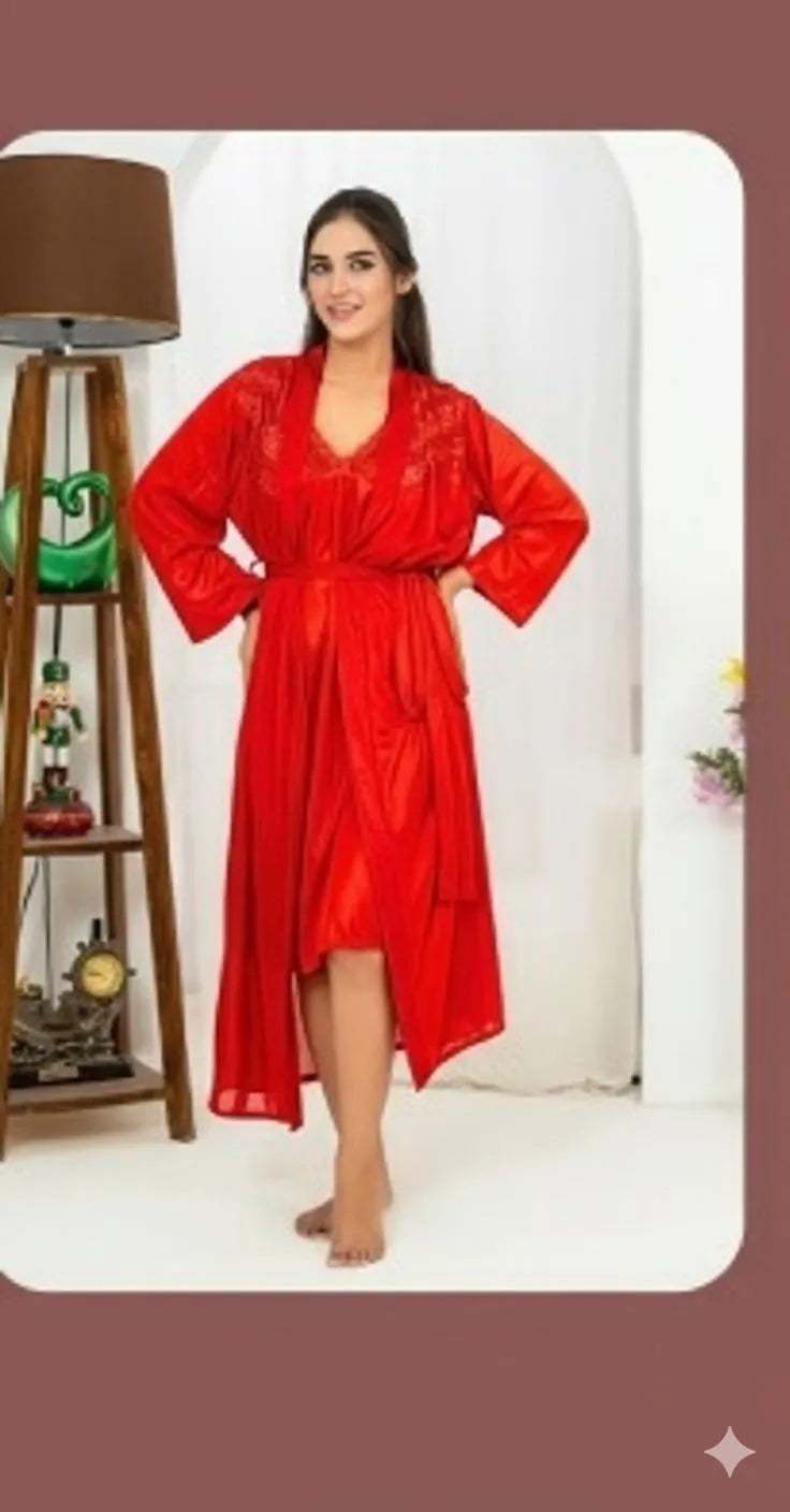 Red Silk 2-Piece Nightwear Set for Women