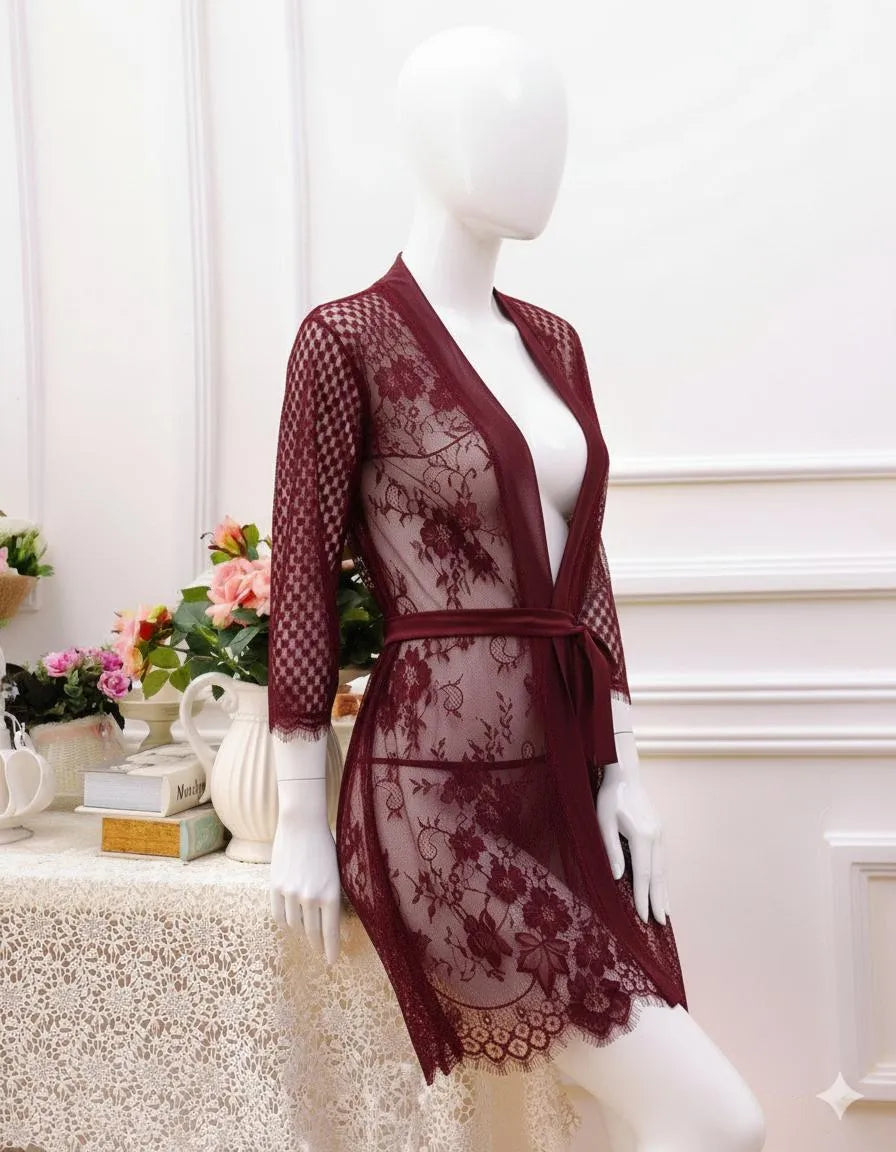 Maroon Lace Women's Night Suit Cotton V-Neck 1Pc
