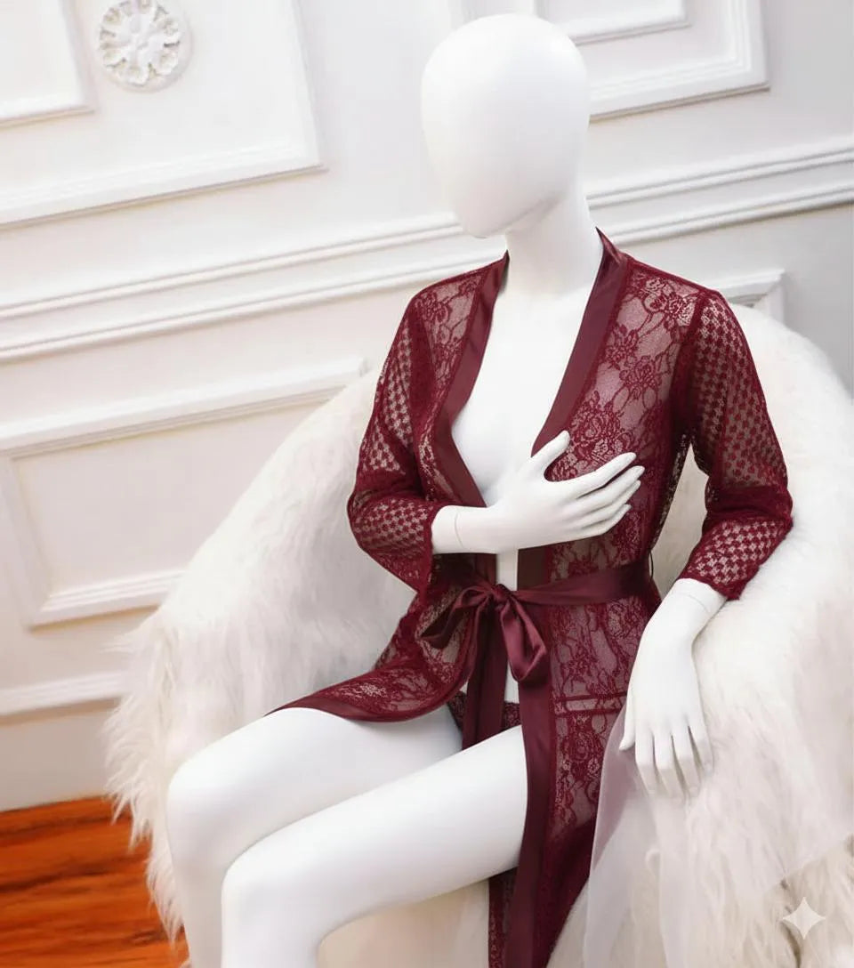 Maroon Lace Women's Night Suit Cotton V-Neck 1Pc