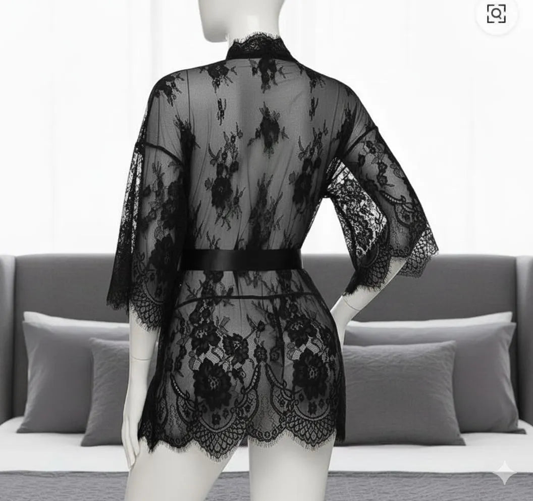 Black Lace V-Neck Night Suit for Women Free Size