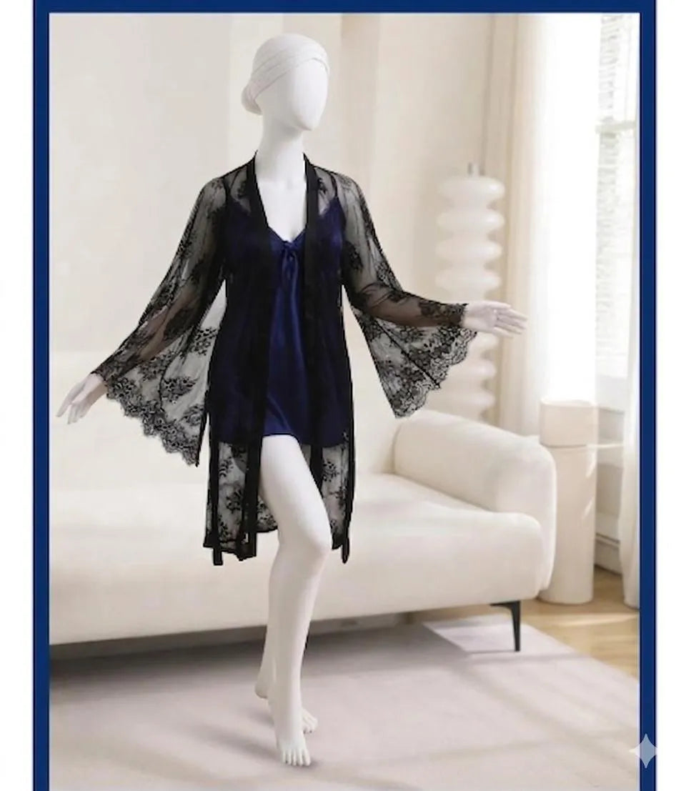 Blue Silk Lace Nightgown Set V-Neck Free Size