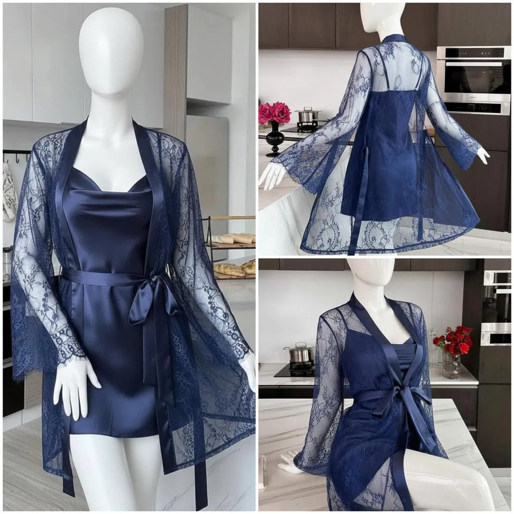 Blue Silk Lace Nightgown Set with V-Neck 2 Pcs