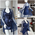 Blue Silk Lace Nightgown Set with V-Neck 2 Pcs