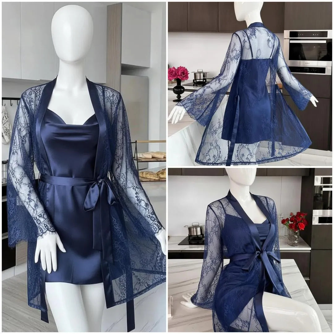 Blue Silk Lace Nightgown Set with V-Neck 2 Pcs