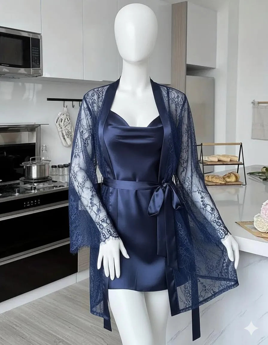 Blue Silk Lace Nightgown Set with V-Neck 2 Pcs