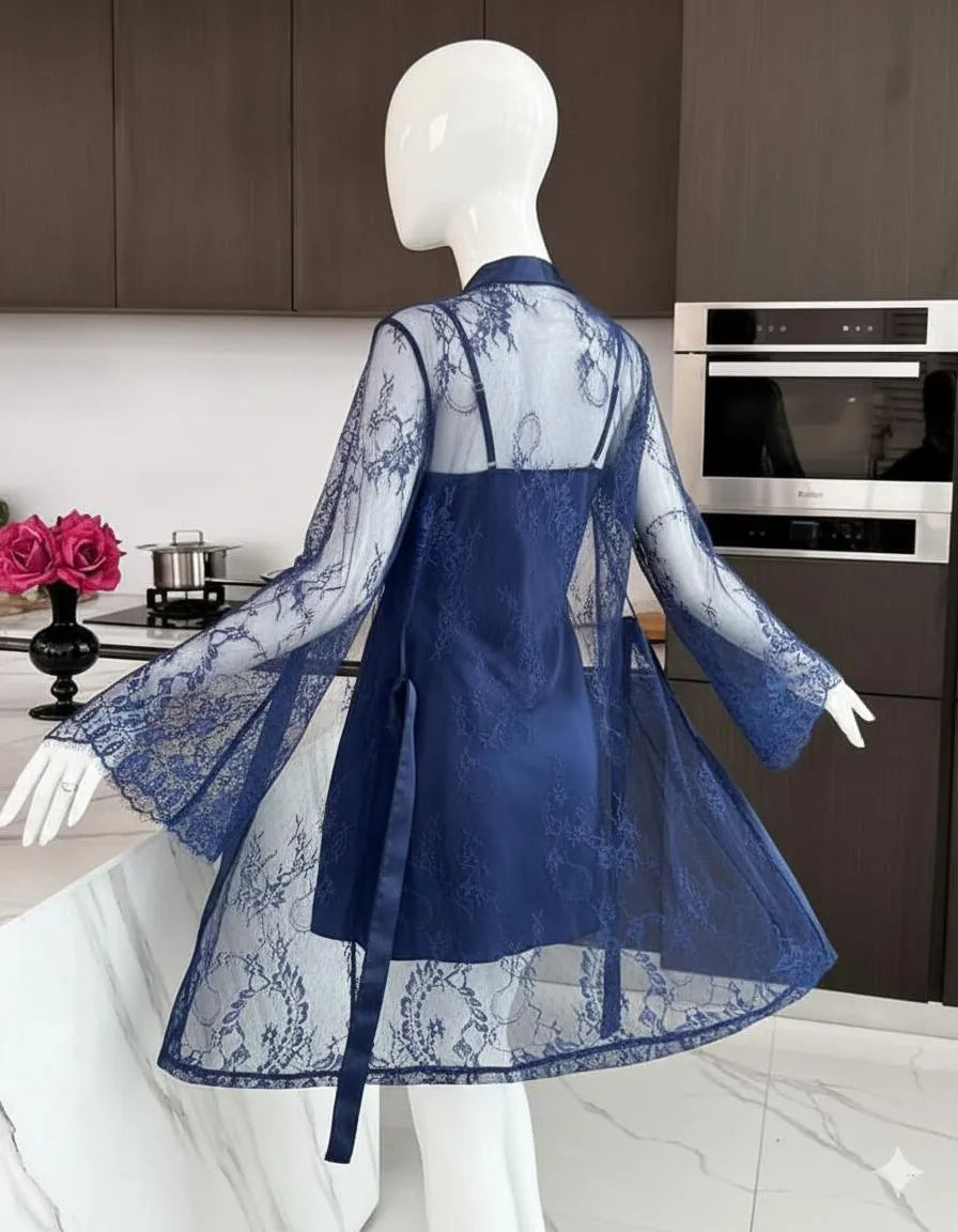 Blue Silk Lace Nightgown Set with V-Neck 2 Pcs