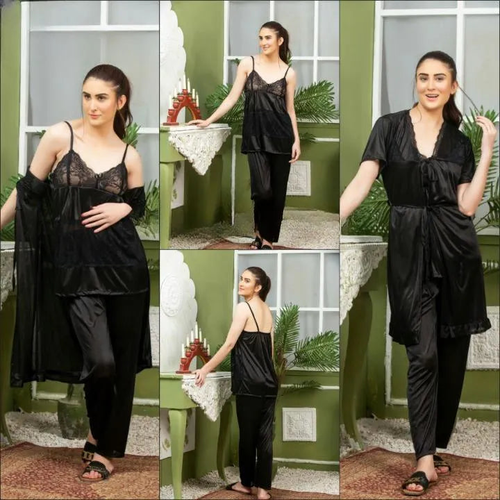 Black Silk Lace Nightwear Set 3 Pcs V-Neck