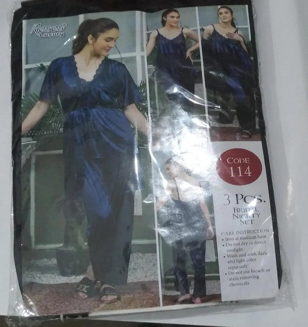 Black Silk Lace Nightwear Set 3 Pcs V-Neck