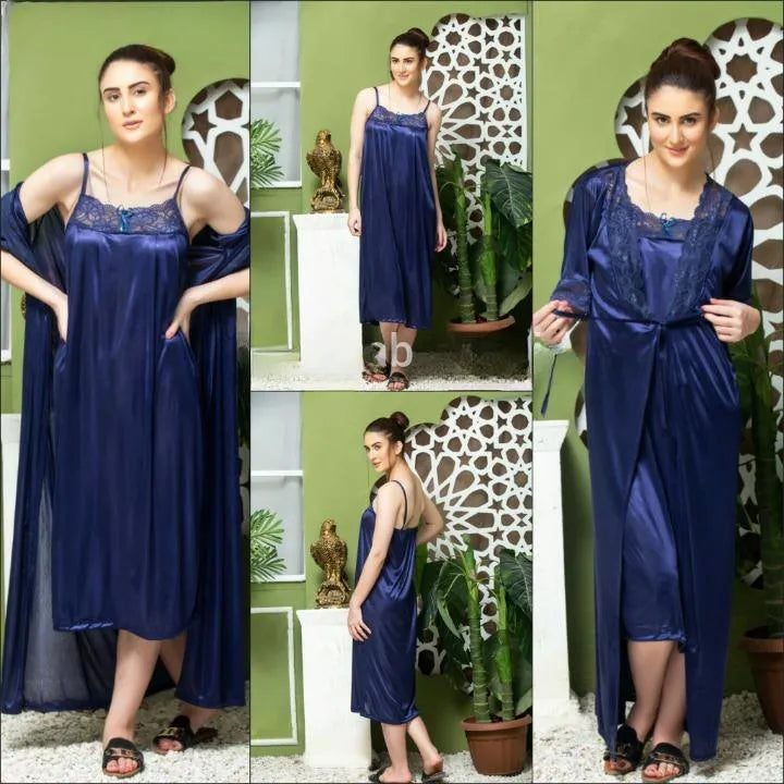 Blue Silk Lace Nightgown Set with V-Neck