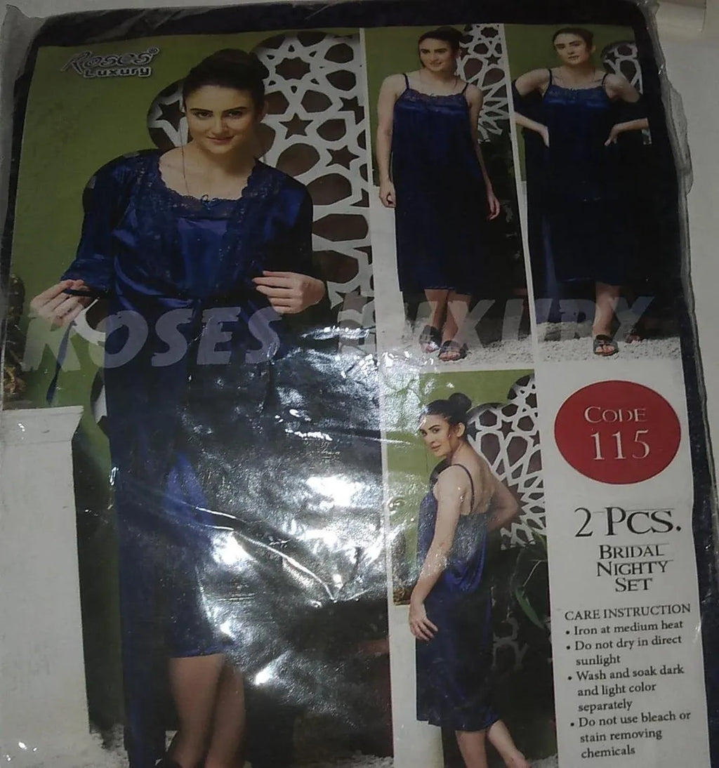 Blue Silk Lace Nightgown Set with V-Neck