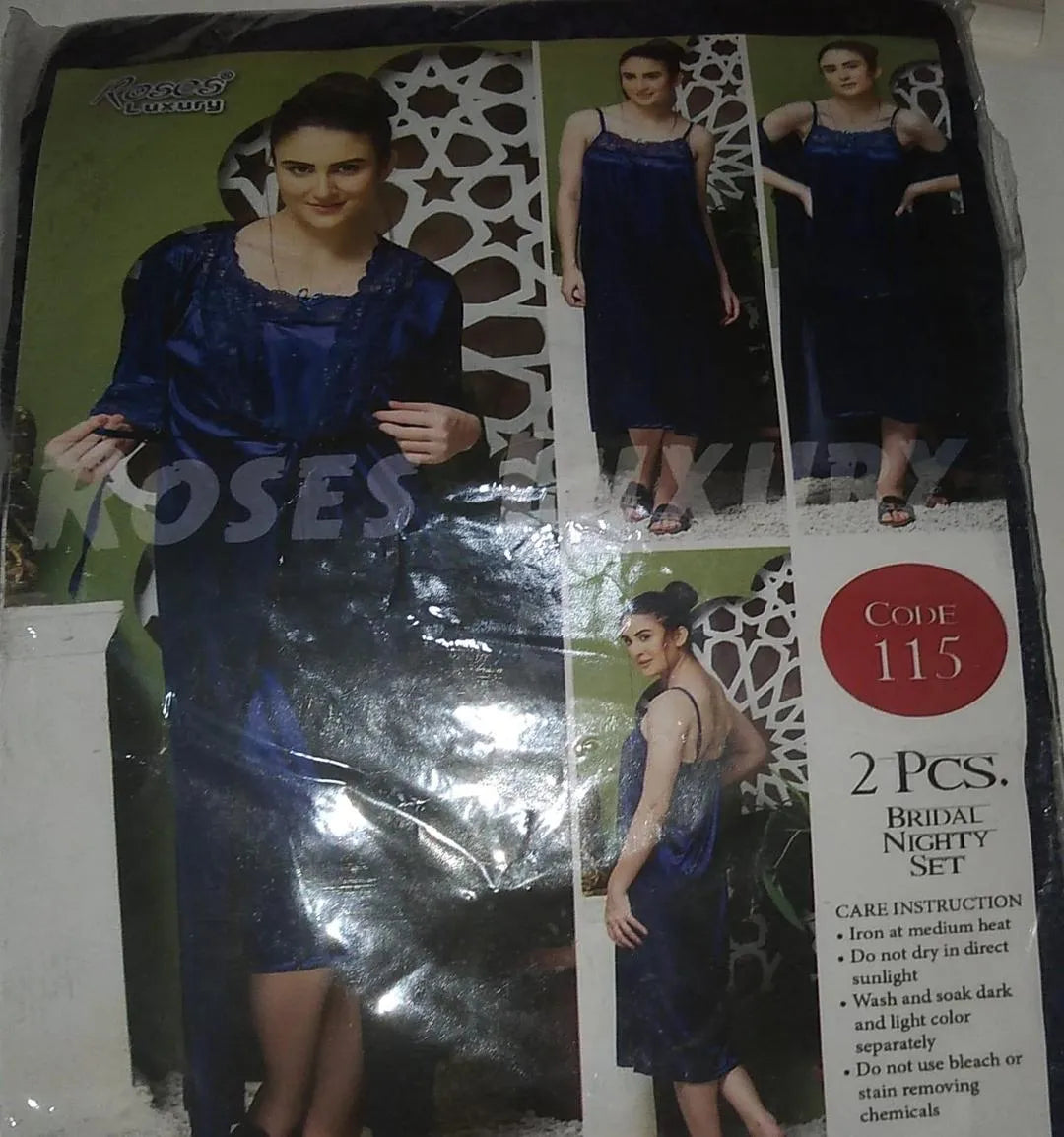 Blue Silk Lace Nightgown Set with V-Neck