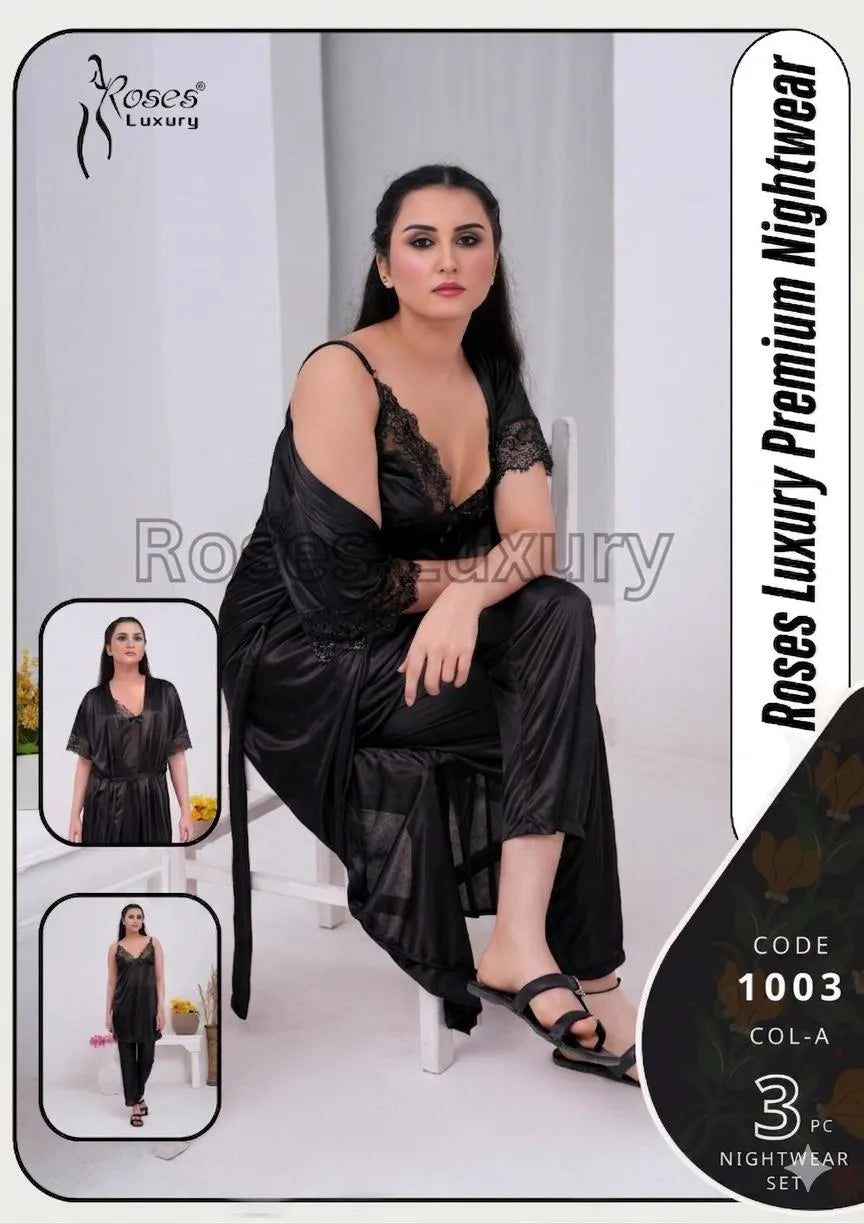 Black Silk Luxury Nightwear Set 3 Pcs V-Neck