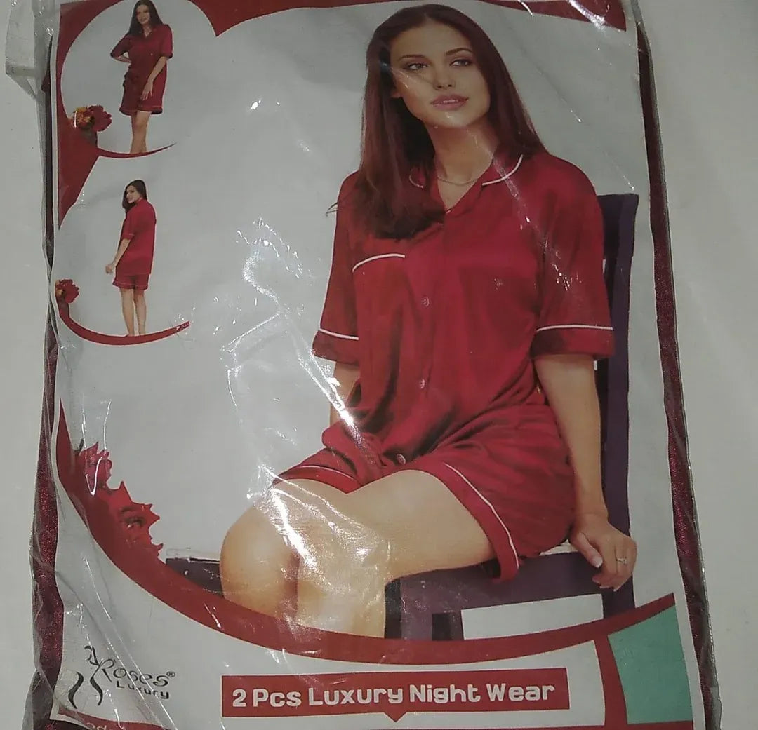 Maroon Silk 2-Piece Nightwear Set with V-Neck