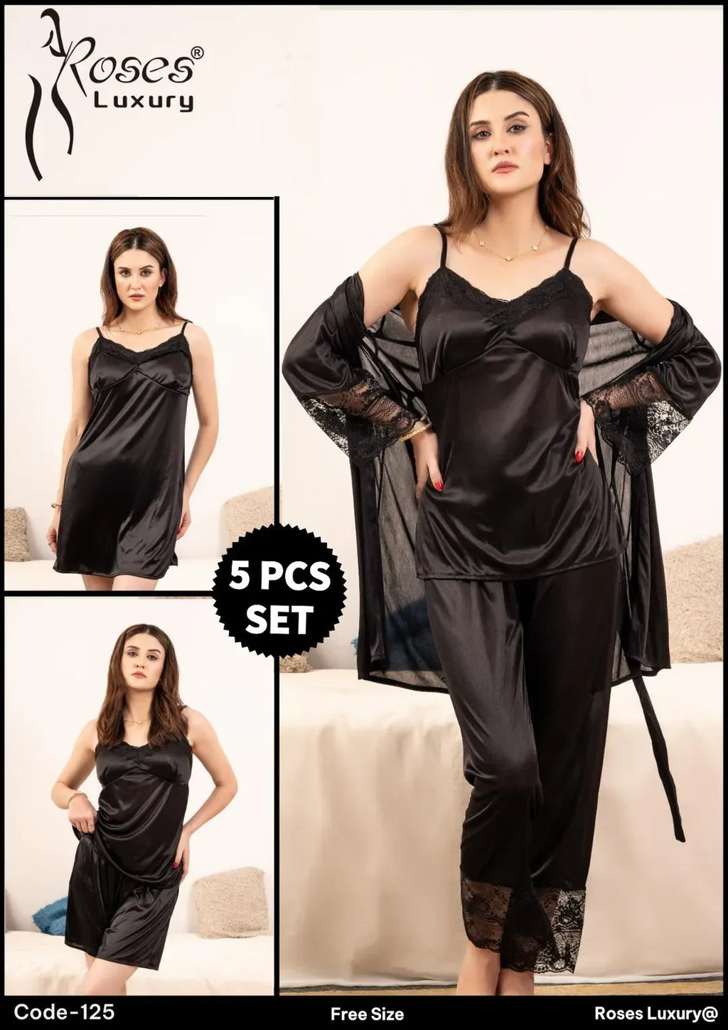 Black Silk 5-Piece Set for Women
