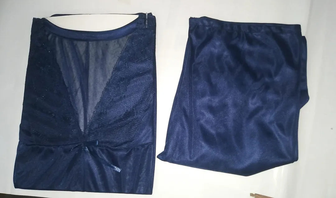 Blue Silk Lace Nightgown Set for Women